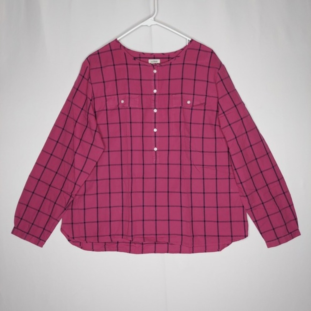 LL Bean Top Women XL Pink Block Cotton Button Pullon Preppy Classic Vtg